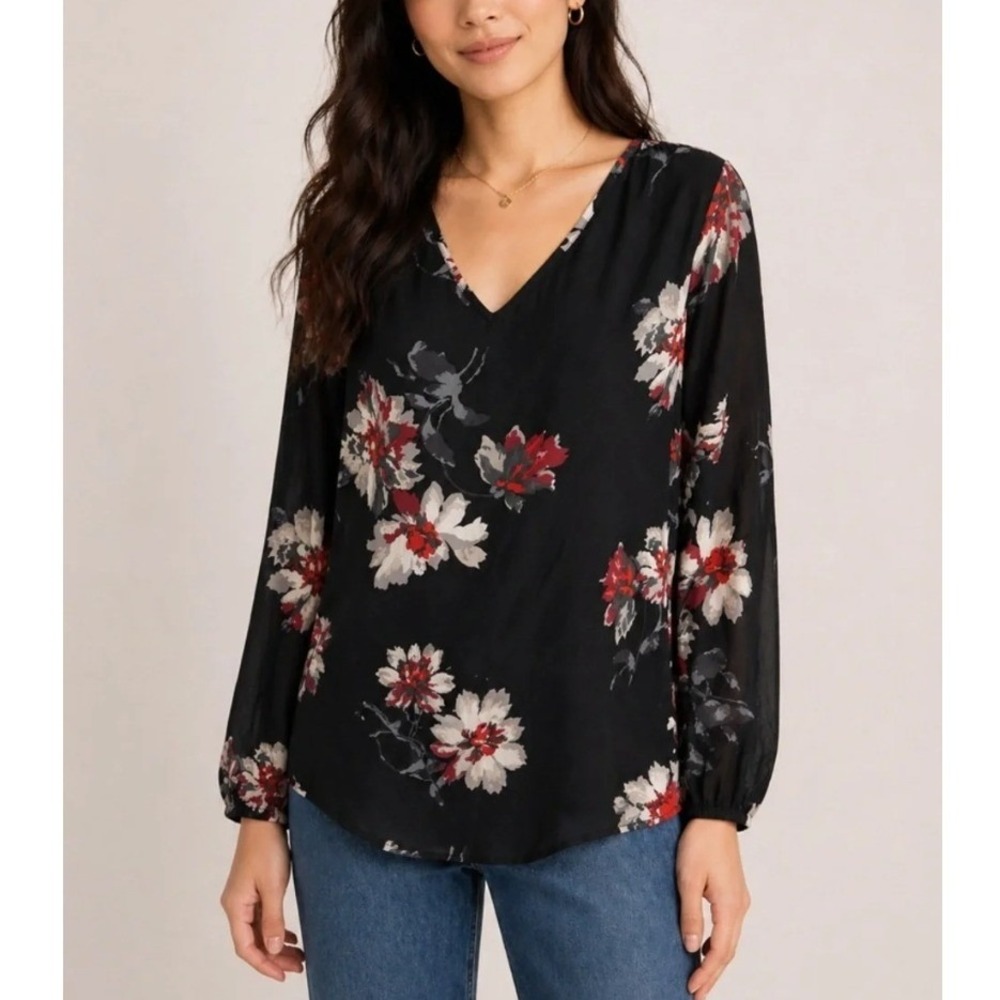 Chelsea & Theodore Black Floral V-Neck Layered High-Low Blouse L Office Feminine